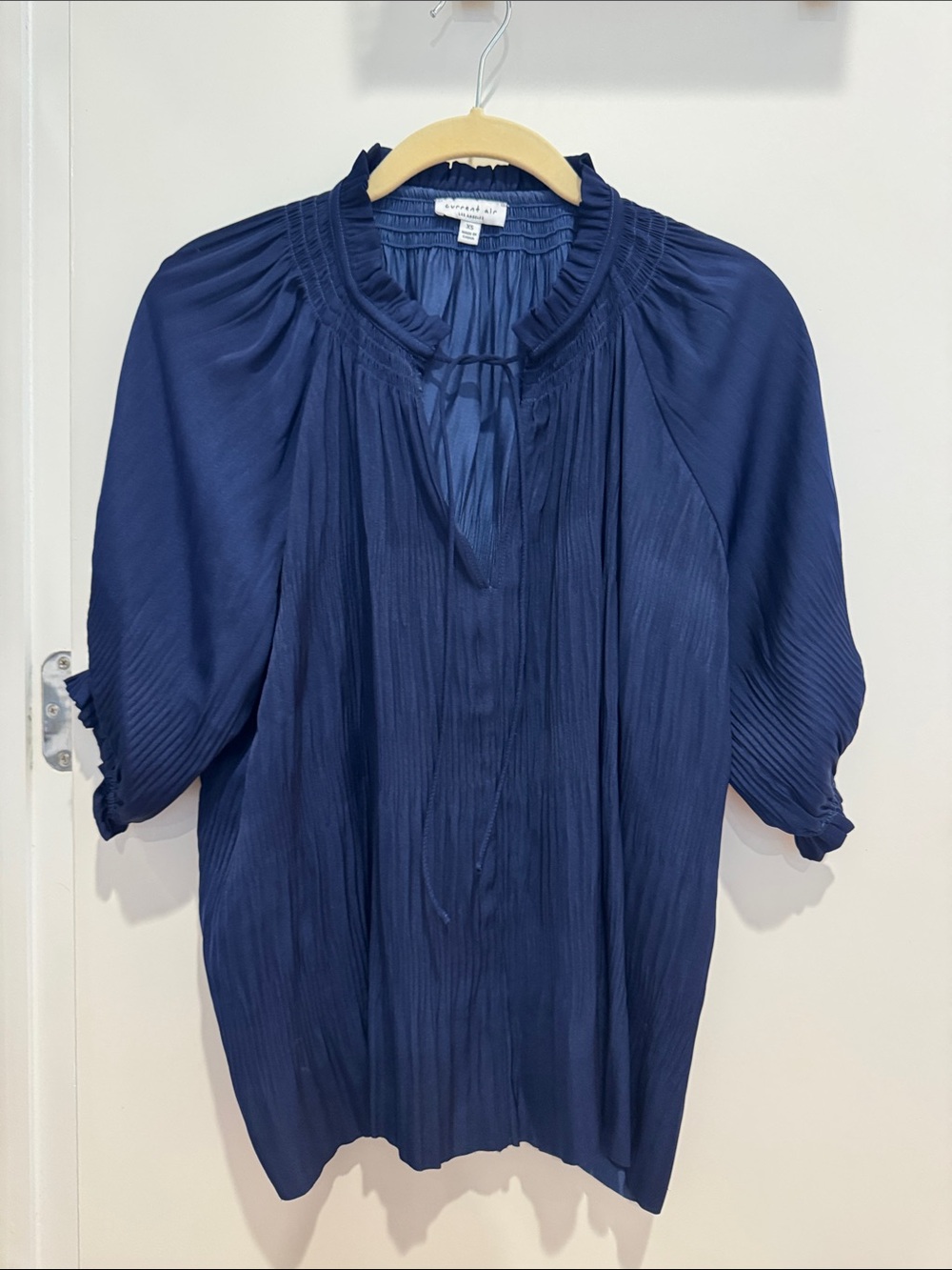 Current Air Navy Pleated Ruffled Neck Blouse